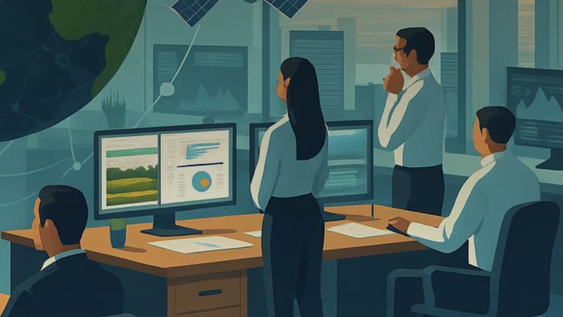 Office scene with four people, two standing and two seated, viewing graphs on multiple computer screens.