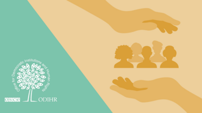 Two hands encompass diverse silhouettes on a beige background; a tree logo on a green background.